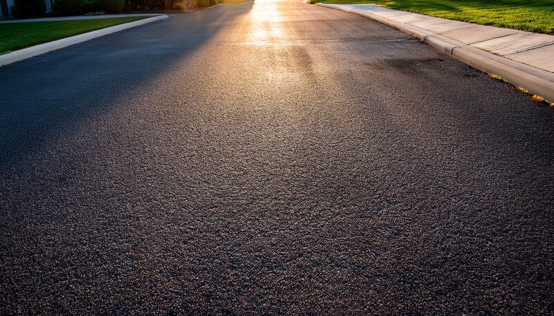 Worker applying sealcoat with squeegee or spray rig. Wet glossy black surface contrasting with unsealed faded gray asphalt.